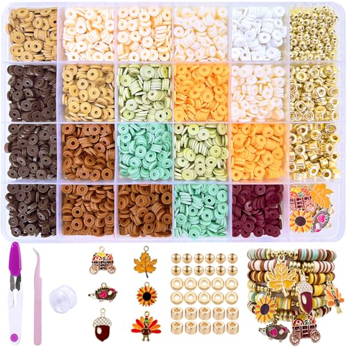 MIIIM Fall Clay Beads Kit for Bracelets Making, Heishi Beads for Friendship Bracelet, Thanksgiving Clay Charms and Gold Spacers for Jewelry Making, Crafts, Concert, Raves, Gifts - color: Fall Colors