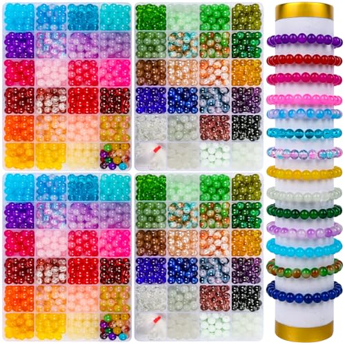 XSEINO 2400 PCS 8mm Glass Beads Bracelet Making Kit, 47 Colors Crystal Beads for Jewelry Making and DIY Crafts，4 Box Round Beads - color: 4Box Multicolored Glass Beads
