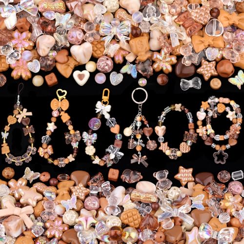 200-260PCS TINKRSTUFF Assorted Acrylic Beads Brown,Cute Beads for Bracelet Making, Bow Flower Butterfly GummyBear Kawaii Charms Aesthetic Bead for Necklace Keychain Jewelry Making DIY Phone Charm - color: Brown