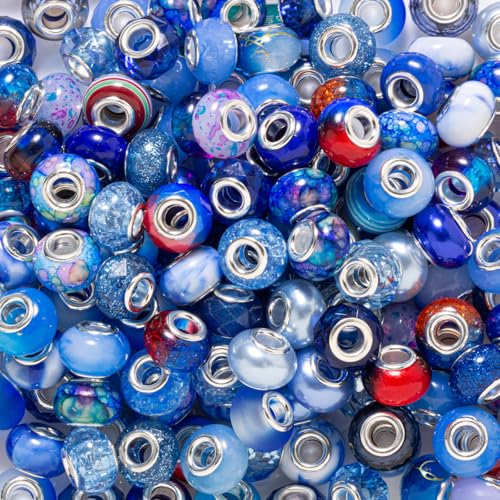 ZHIYUXI 100PCS Blue European Large Hole Assorted Beads Bulk for Jewelry Making Big Hole Spacer Lampwork Murano Beads for Charms Bracelet Making Necklace Pens DIY Craft - color: L-Blue Mix