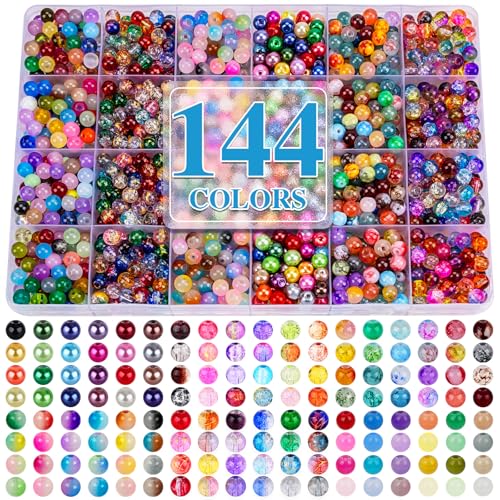XSEINO About 144 Colors 1200PCS 6mm Glass Beads Bracelet Making Set, Colored Glass Beads in Six Styles for Bracelet, Jewelry and DIY Craft Making - color: Mixed Glass Beads