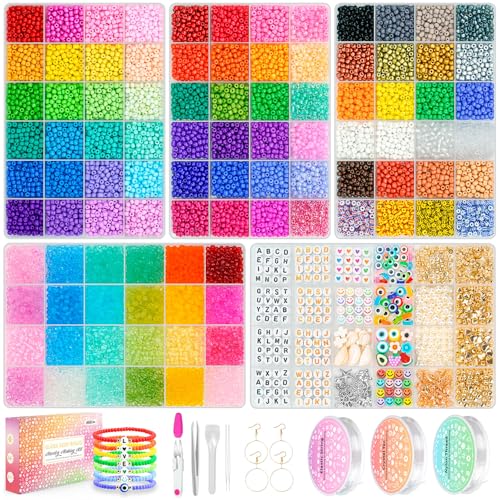 4mm Glass Seed Beads Waist Beads, 15500pcs 96 Colors 6/0 Small Beads for Friendship Bracelet Making Kit with String Cords Letter Charms for DIY Jewelry Making Crafts Kits - size: 4 mm