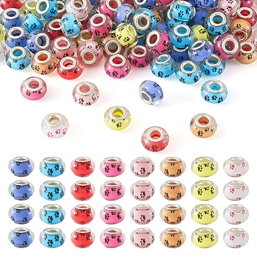 Cheriswelry European Large Hole Beads 100pcs Dog Paw Prints Rondelle Acrylic Loose Spacer Slide Charms with Metal Double Cores Snake Charms for European Bracelet Necklace Jewelry Making, 14x9~10mm - color: Rondelle-Dog Paw Prints