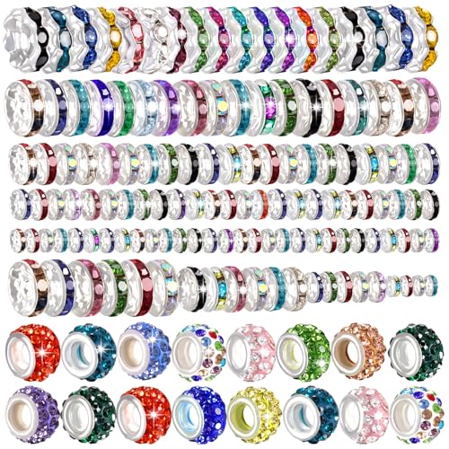 290PCS 6 Styles Rondelle Spacer Beads for Jewelry Making, 6mm, 8mm, 10mm, 11mm, 12mm Rhinestone Spacer Beads for Beaded Pens, Multicolor Crystal Bead Spacers for DIY Crafts - color: 290 PCS Rondelle Spacer Beads set
