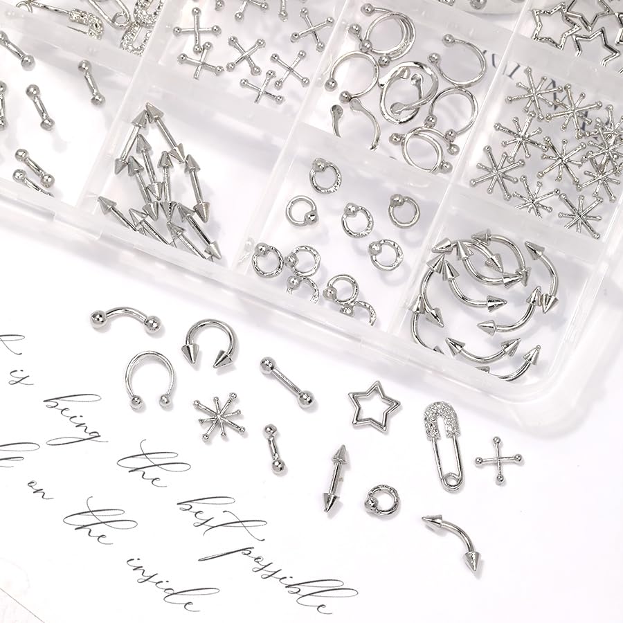 120 Pcs Mixed Nail Charms, CYHYII 1 Box Silver 3D Star Retro Nail Art Charm Y2K Metal Cross for Acrylic Nail Nail Art Design DIY Craft(12 Styles) - color: 120P MIXED