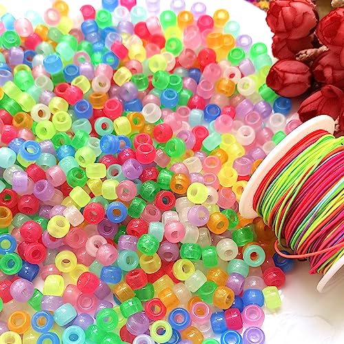 Looconi 1000pcs Pony Beads Multicolor Glow in The Dark and Rainbow Elastic String Mixed Colors 6x9mm Acrylic Beads for Jewelry Making - color: Glow+Line