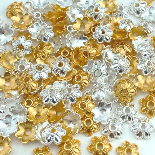 Jmassyang 100 Pcs 8mm Flower Shape Metal Alloy Spacer Beads Mini Loose Bead Caps Accessories for DIY Bracelet Necklace Earrings Lanyard Jewelry Making Home Decoration(Gold and Silver) - color: Gold and Silver, size: 8mm