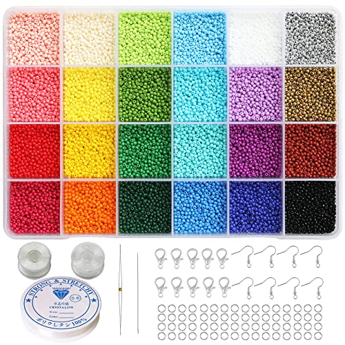 Bala&Fillic 2mm Round Size Almost Uniform Seed Beads with Beading Tool, About 18000pcs in Box 24 Multicolors Assortment 12/0 Small Craft Seed Beads for Earring Making - color: 24 Colors with Tool -Size 2mm