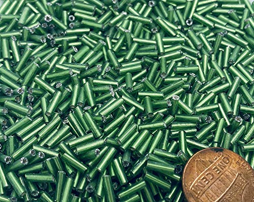 Czech Bugle Beads 40 gr / 1.4 oz Glass Tube Size #3 7mm (Green Silver Lined) - color: Green Silver Lined
