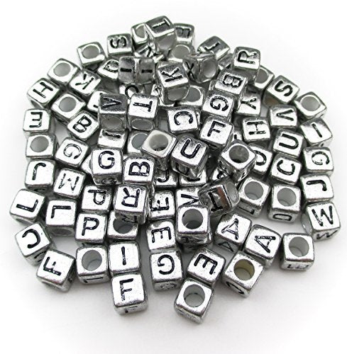 1000pcs Mixed Acrylic Letter/Alphabet “A-Z”Cube Beads for DIY Craft (Silver with Black Letter) - color: Silver with Black Letter