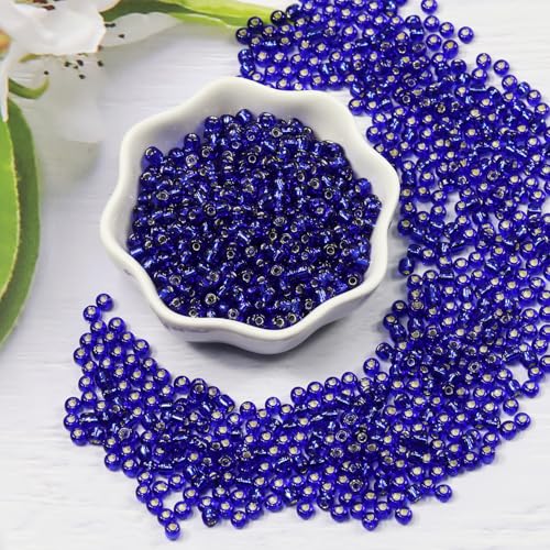 Transparent Dark Blue with Silver Lined Beads Size 6/0 Crafts Glass Seed Beads 4mm for Jewelry Making (Total About 100g About 1200pcs) - color: Transparent Dark Blue with Silver Lined, size: 4mm