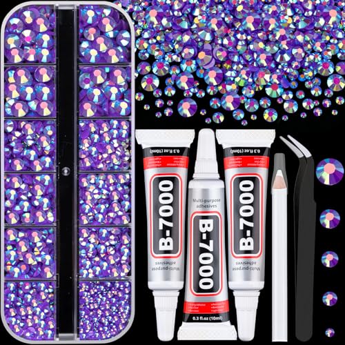 Resin Rhinestones for Crafting with 3Pcs 10ml B7000 Jewelry Glue, 1 Box Dark Purple AB Flatback Gems Crystals Diamond for Bedazzling Crafts DIY Nail Art Makeup, Gems for Clothing Tumblers Shoes - color: Dark Purple AB, size: 1 Small Pack + 3Pcs Glue