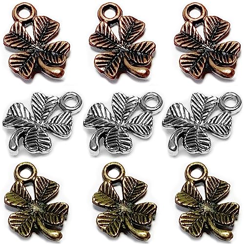 Heather's cf Four Leaf Clover Silver Leaf Beads 100-150 Pcs Leaves Craft Antique Leaf Charms for Crafting Leaf Pendant Charm for Necklace Bracelet Earring Making Fall Leaf Beads Set - color: Mixed Clover