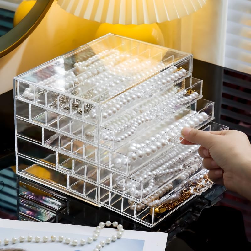CLUQMEIK Necklace Box Tray with 5 Clear Drawers, Dustproof Necklaces Holder Storage Display Case, Necklace Tray Drawer for Pendant Suitable for Women and Girls (Transparent) - color: Clear-5layer