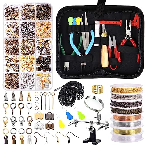 Swpeet 1490Pcs Jewelry Making Supplies Kit with Jewelry Making Tools, Jewelry Pliers, 4 Color Jewelry Wires and 38 Styles Jewelry Findings, Helping Hands Magnifier Necklace Chain Awl Tweezers Scissors - size: 2A