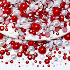 60g Mix Pearls and Rhinestones, 2mm-10mm Flatback Jelly Rhinestones and Half Pearls for Crafts Shoes Tumblers Nails Face Art, with Picker Pen, Red|White - color: Candy Cane Blend | Mix Red | White
