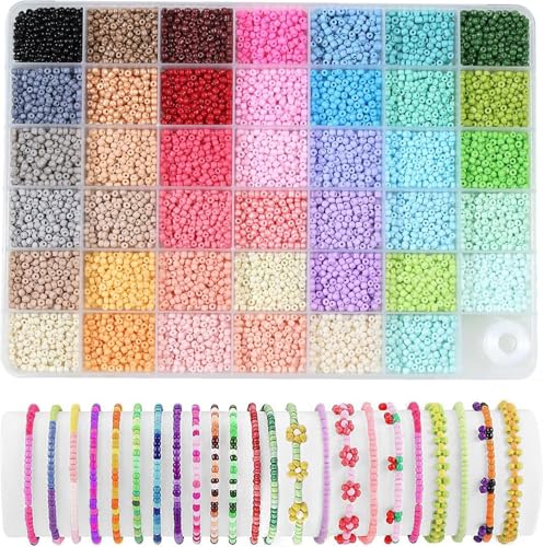 41 Colors Pony Beads, BetterJonny 3mm Glass Seed Beads with String Colorful Small Rainbow Bead with Storage Box for DIY Jewelry Bracelet Necklace Craft Making - color: Color E