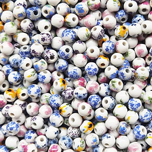 INSPIRELLE 180 Pieces Porcelain Beads Chinese Round Ceramic Beads 8mm for Handmade Jewelry Making Bracelets Necklace Making, Flower - color: Flower