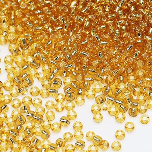 Bala&Fillic Gold Sliver Lined Color Size 3mm Seed Beads About 3600pcs/100Grams in Bag, 8/0 Glass Craft Beads for Making Bracelet and Necklace (Sliver Lined Gold) - color: Gold, size: 3mm