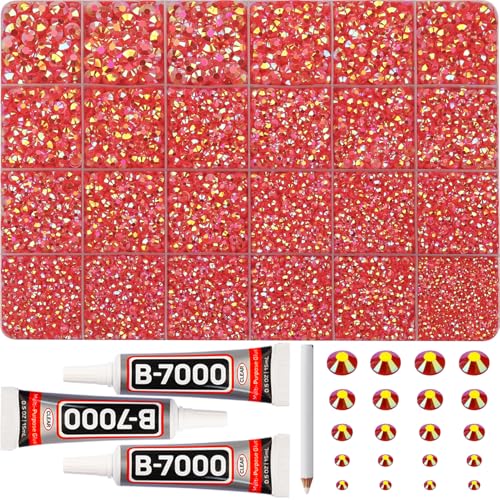 31000Pcs Red AB Resin Rhinestones for Bedazzling, 2-6mm Mixed Sizes Resin Crystals, Bedazzled Kit Flatback Gems Jewels Diamonds Gemstones Stones with B7000 Glue for Crafting Clothes Crafts DIY - color: Jelly red AB 2-6mm, size: Large Pack + 3Pcs Glue