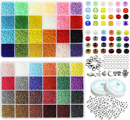 Size 2mm Seed Beads 48 Colors in Grid Storage Box Total About 36000pcs,12/0 Small Seed Beads with Rings,Claw Clasps,Elastic String and Alphabet Letter Beads for Bracelet Jewelry Making - color: 48 colors -12/0, size: 2mm