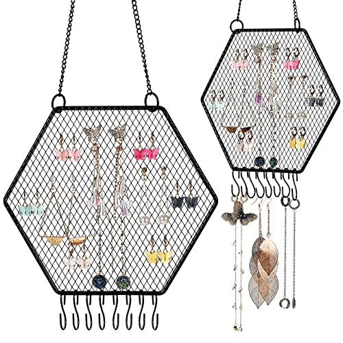 Jetec 2 Pcs Earring Wall Holder Wall Mounted Earring Organizer Hanging Jewelry Stand Decorative Diamond Grid Shape Display Rack with Hooks for Earrings Necklace Bracelet(Black) - color: Black