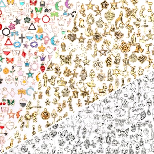 SANNIX 350Pcs Charm for Jewelry Making, Assorted Gold Enamel Charms, Mixed Bulk Antique Gold Tibetan Silver Jewelry Bangle Charm Pendants for Bracelet Necklaces Earrings Making Supplies - color: Multicolor+Silver+Gold