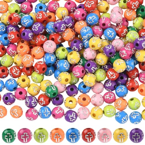 1 Box About 500Pcs Round Cross Beads Acrylic Cross Bead Bulk Small 8MM Plastic Plating Colorful Ball Western Crucifix Spacers for Jewelry Making Findings Bracelets Necklace Beginner Adults - color: Colorful