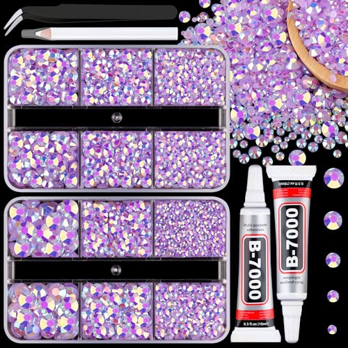 Resin Jelly Rhinestones for Crafting with B7000 Jewelry Glue, 2 Boxes Light Purple AB Flatback Crystals with 2Pcs 10ml Glue, Bedazzling Non Hotfix Gems for DIY Tumblers Clothing Shoes Manicure - color: Lavender Purple AB, size: 2 Mini Pack + Glue