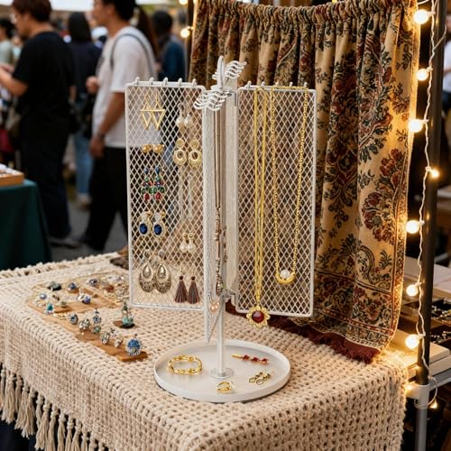 Rotating Necklace Holder with 40 Hooks, Earring Stand Mesh Grid Storage, 15-Inch Jewelry Display with Tray for Long Necklaces & 50+ Earrings for Women, White