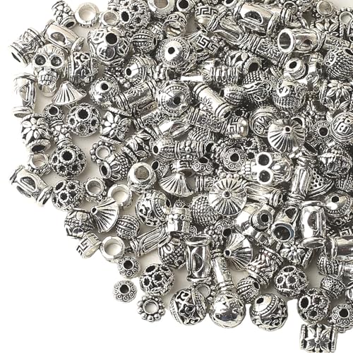 Silver Spacer Beads Metal Alloy Loose Spacer Beads Bulk Random Styles Metal Bead Tibetan Antique Silver Metal Bead for Bracelets Necklace Earring Jewelry Making(mix)