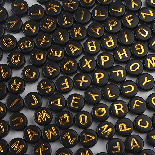 1200pcs Black Letter Beads for Bracelets Round Acrylic Black and Gold Alphabet Beads 4x7mm for Jewelry Making - color: 1200pcs black gold letter
