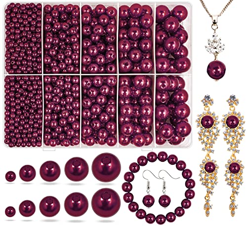 Claret Red Pearl Beads for Jewelry Making, 1750pcs Wine-Red Pearl Craft Bead with Hole 4mm 6mm 8mm 10mm 12mm Loose Spacer Bead for Necklace Bracelet Earrings Ring Choker Wedding Dress Decor (Claret) - color: Claret