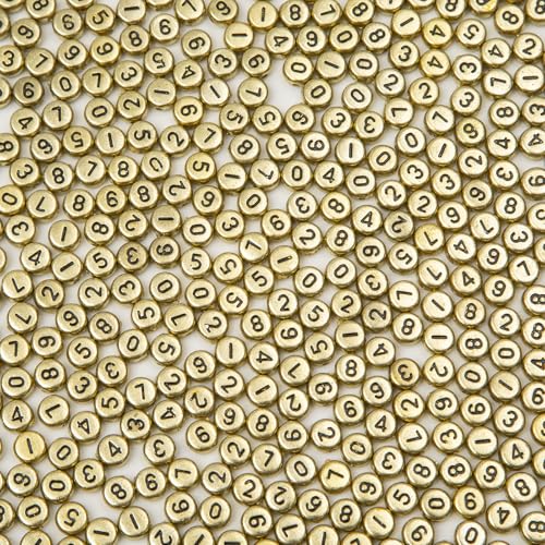 1000pcs Acrylic Number Beads 0-9 Round Number Beads 4x7mm Mixed Number Beads for Jewelry Making and DIY Bracelets, Necklaces, Key Chains (Gold) - color: Gold