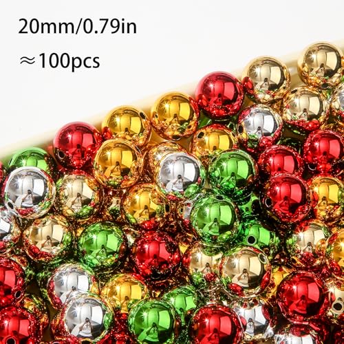20mm Acrylic Beads 100pcs Christmas UV Color Bead Xmas Color Opaque Beads for DIY Bead Pen (uv Xmas) - color: golden&silver&green&red