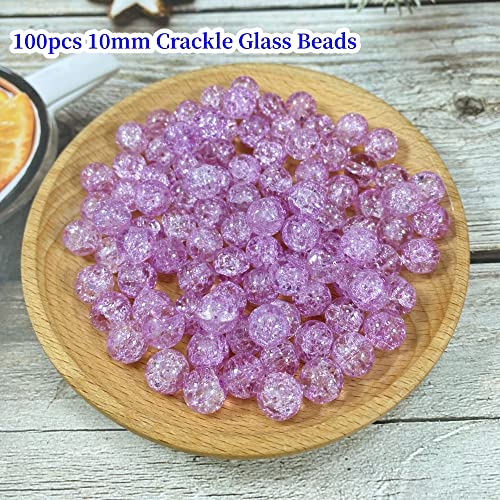 100pcs Crackle Glass Beads 10mm Round Crystal Glass Spacer Crafts Beads for Jewelry Making Necklace Bracelet Earrings DIY Crafts(Purple) - color: Purple, size: 10mm