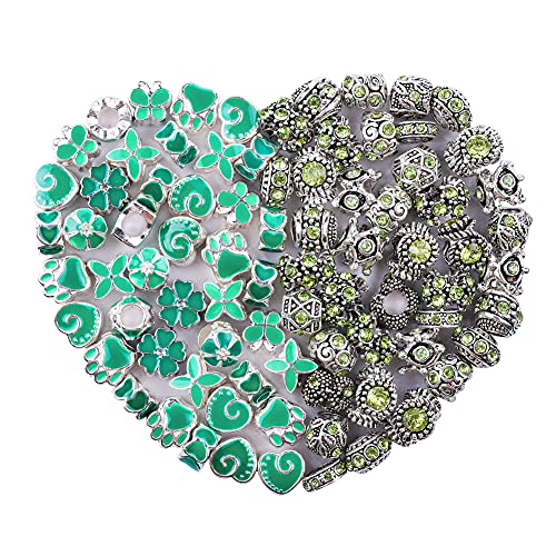 60 Pieces Assorted European Beads with Plating Silver Metal Alloy Rhinestone Large Hole Spacer Beads for DIY Charm Bracelet Jewelry Making (Green) - color: Green