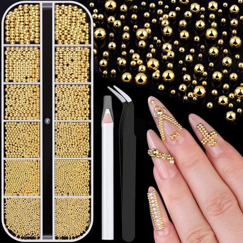 1-3MM Mini Small Nail Beads Metal Caviar Beads Gold Nail Charms and Gems Ball, Nail Balls for Nail Art Accessories Supplies Gold Rhinestones for Women Manicure - color: 13 Small Gold Nail Beads