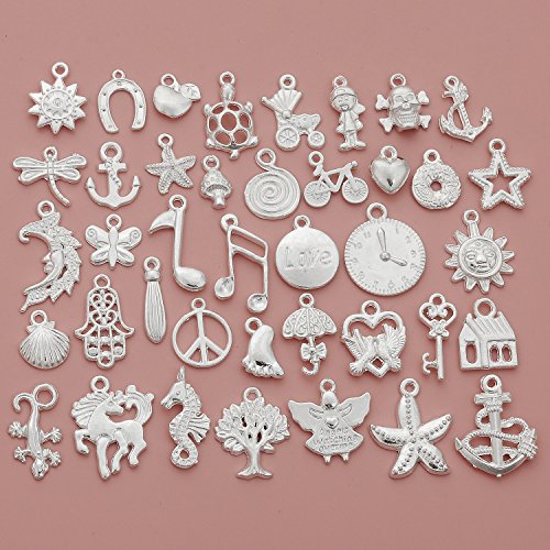 RUBYCA 40Pcs Wholesale Lot Tibetan Mix Pendant Charm White Silver Plated Metal Jewelry Making Mix6 - color: Mix 6, size: 40 PCS