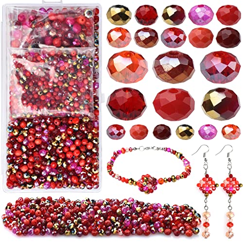 Briolette Faceted Rondelle Crystal Glass Beads for Jewelry Making-Wholesale Mix Lot 4/6/8mm DIY Crafts Spacer Beads with Container Box (Valentine's Day Gift) - color: Red