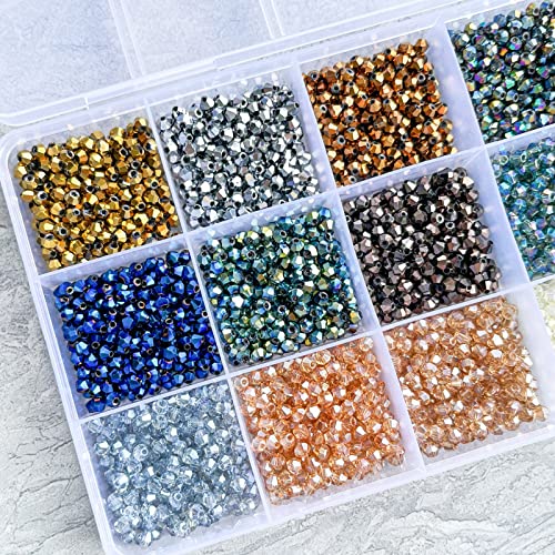 3000pcs 3mm Bicone Crystal Beads, Bulk Small Faceted Bicone Glass Beads for Jewelry Making DIY Craft Bracelet Necklace Earring with Container Box (15 Plated Metallic Colors) - size: 3mm