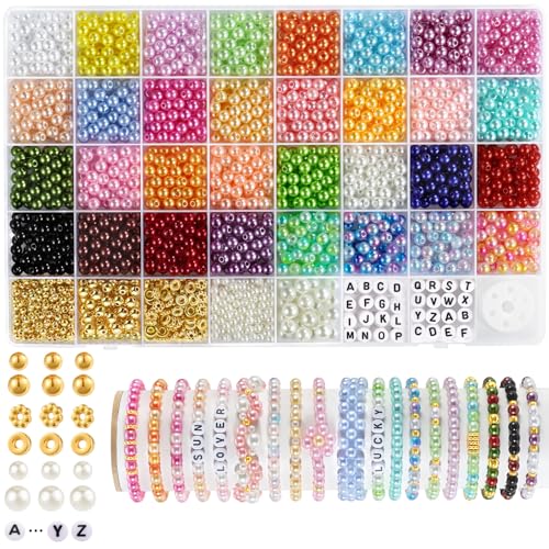 Funtopia 2085pcs Pearl Beads, 32 Colors Colorful Round Beads for Bracelets, Pearl Bead for Jewelry Making, Bracelet Making Kit with Gold Spacer Letter Bead for Crafting Bracelet Necklace Earrings DIY - color: 3.Multicolored