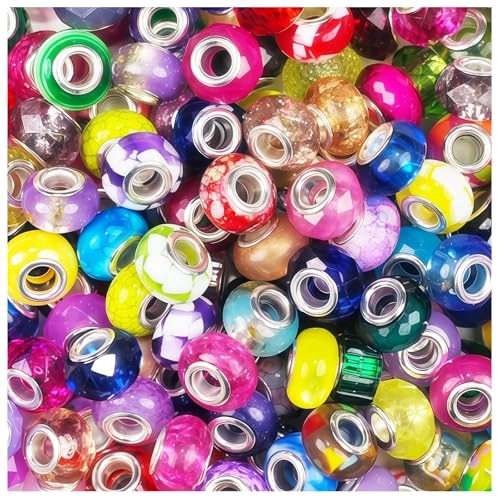 100Pcs Large Hole Beads for Jewelry Making, Assorted European Craft Big Beads Large Hole Lampwork Murano Bead Fairy Wand Garden Bead for DIY Beadable Pens Charm Bracelet Necklace Decoration Supplies - color: Mixed Rainbow, size: 100 Pcs