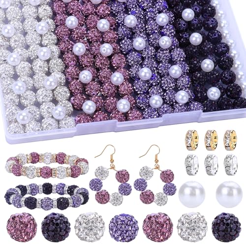 AIPRIDY Jewelry Making Beads Set, 300 PCS 10mm Rhinestone Clay Beads, 8mm Mixed Color Spacer Beads with Pearl and Floral Beads for DIY Jewelry Making (White + Purple Series) - color: White + Purple Series