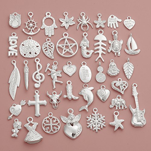 RUBYCA 40Pcs Wholesale Lot Tibetan Mix Pendant Charm White Silver Plated Metal Jewelry Making Mix7 - color: Mix 7, size: 40 PCS
