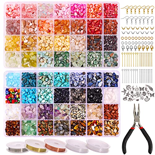 QUEFE 1800pcs 56 Colors Crystal Beads, Ring Making Kit, Gemstone Chip Beads Irregular Natural Stone with Jewelry Making Supplies for DIY Craft Bracelet Necklace Earrings, Craft Gifts - color: 56 Colors
