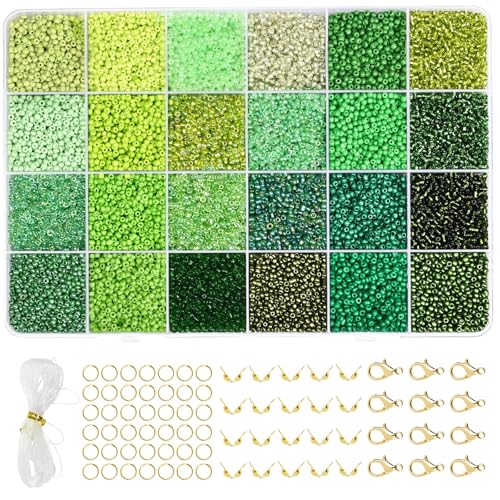 Vtssvow 2mm Glass Seed Beads for Bracelets Making, 24 Colors 22000pcs Friendship Bracelet Making Kit, Small Glass Beads for Jewelry Making (Mix 24 Color, Green) - color: Mix Green, size: 2mm