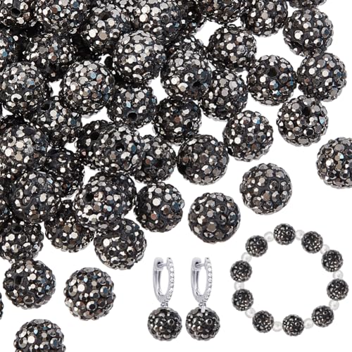 PH PandaHall 100pcs 10mm Black Rhinestone Hematite Clay Beads - Polymer Crystal Pave Disco Ball Round Diamond for Necklace Bracelet Jewelry Making Party Decoration - color: Hematite