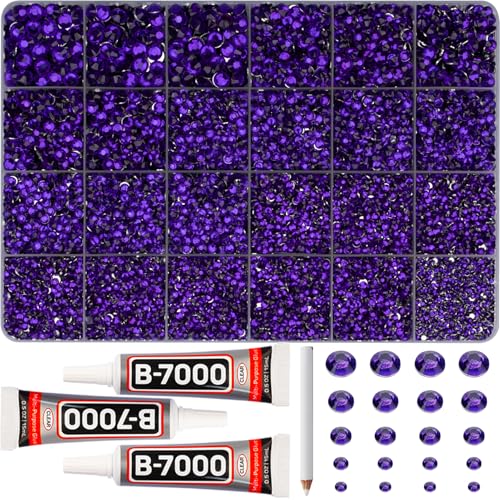 31000Pcs Purple Resin Rhinestones for Bedazzling, Flatback Gems Bedazzle Gemstones Stones, Flat Back Jewels Diamond Crystals Kit for Shoes Crafting Clothes 2-6mm Different Sizes b7000 Glue - color: Purple 2-6mm, size: Large Pack + 3Pcs Glue