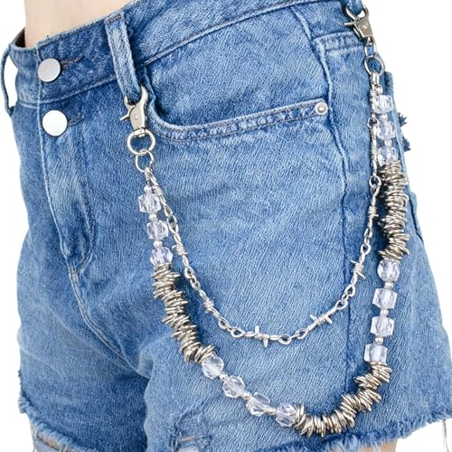 Layered Punk Pants Chain for Men Women, Gothic Hip Hop Jean Chain Wallet Chain Biker Trouser Chain, Goth Emo Fashion Keychain Accessories - color: 2L-Clear